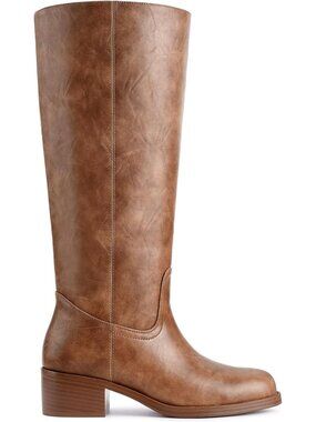 Womens Banana Brown Square Toe Chunky Block Heel Wide Calf Riding Knee High Boot